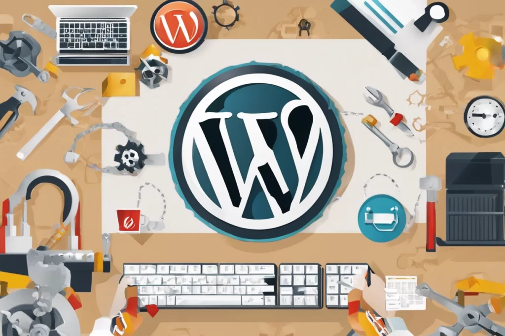 WordPress logo on a desk surrounded by various tools and equipment.