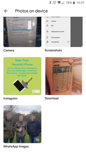 User interface displaying various photo categories on a mobile device screen.