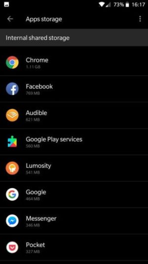 Screen displaying app storage details on a mobile device with various applications listed.
