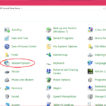 Control Panel window displaying Internet Options among various settings and tools.