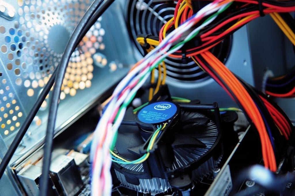 inside computer case showing cooling fan