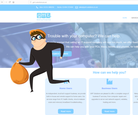Cartoon character in a mask running with a bag on the GMT Solutions website homepage.