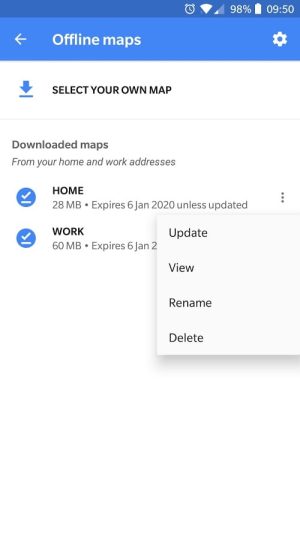 Mobile device screen displaying offline maps with options for home and work locations.